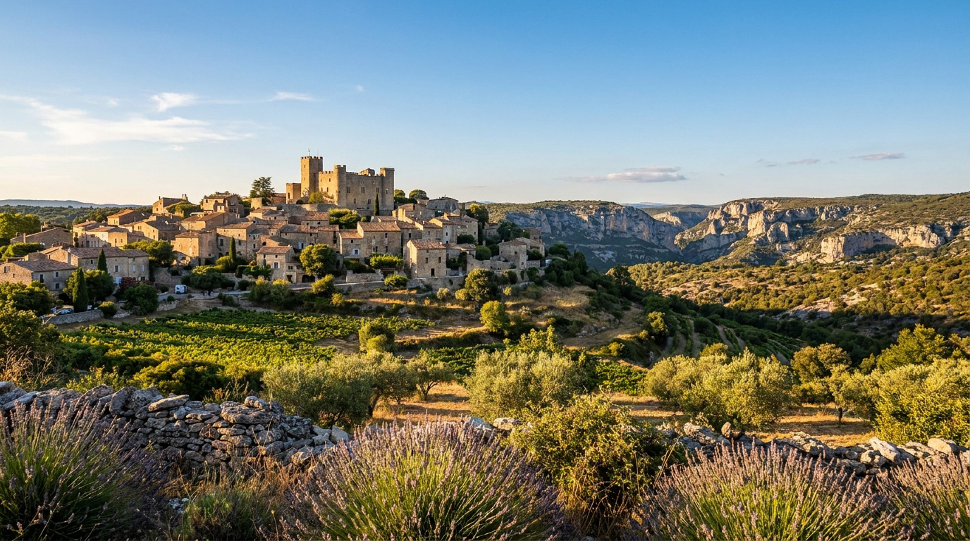 Vue panoramique de Lussan, village médiéval du Gard, avec son château, des champs de lavande au premier plan et des gorges.