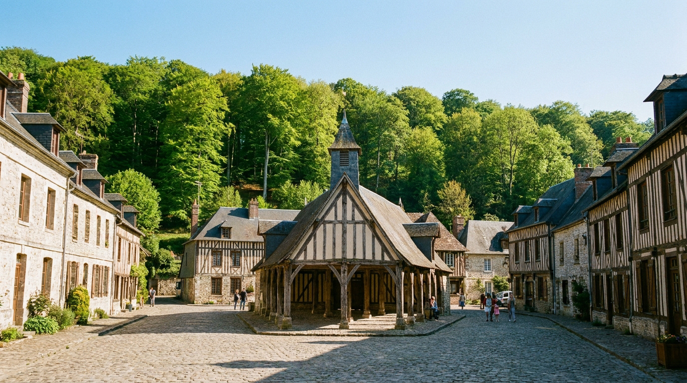 Place pavée de Lyons-la-Forêt avec son marché couvert à pans de bois, des maisons traditionnelles et une dense forêt de hêtres.