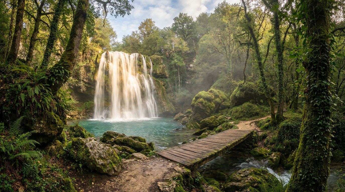 Une cascade majestueuse tombant dans un bassin turquoise, entourée d'une forêt luxuriante avec un pont en bois au premier plan.