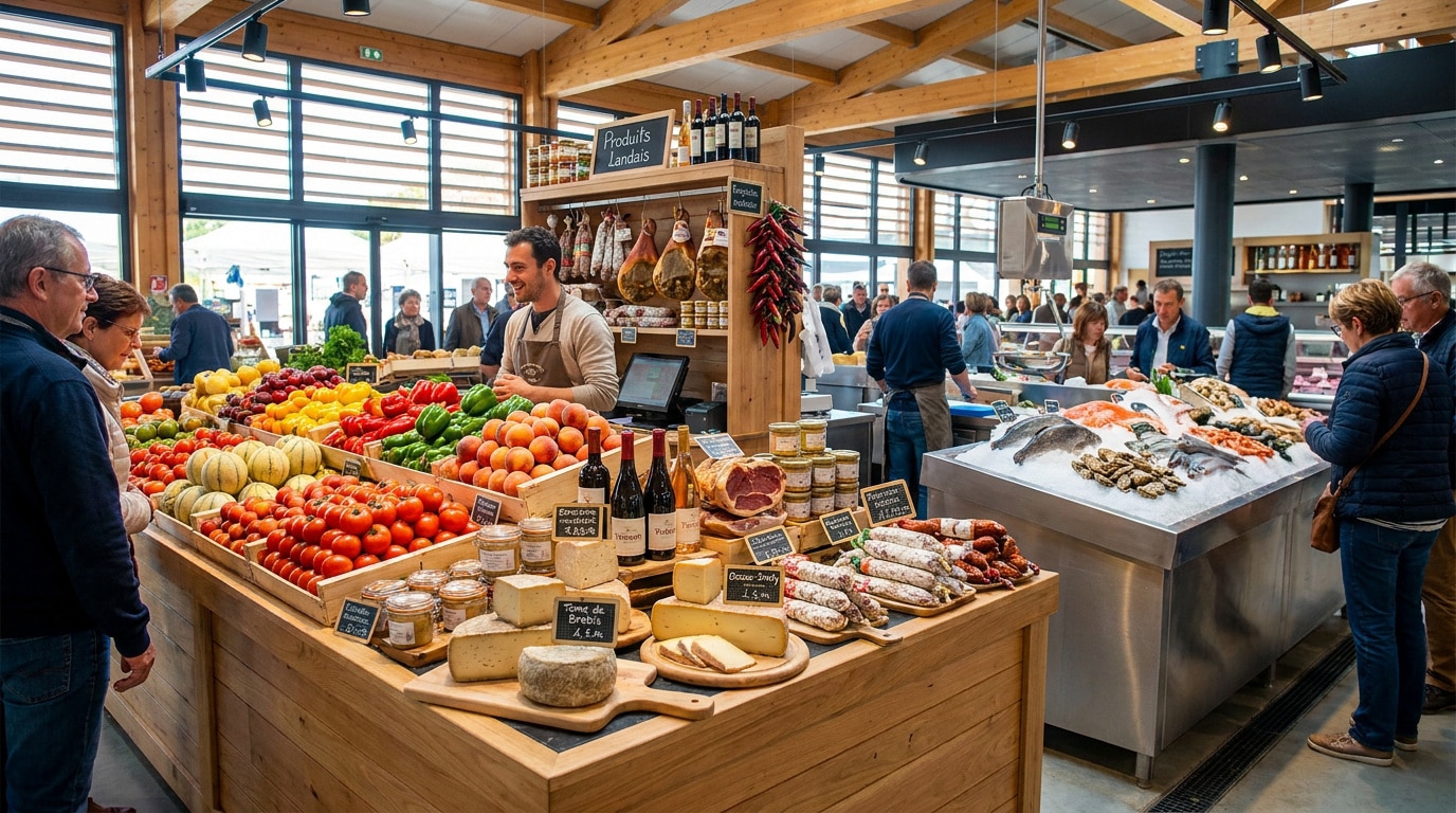 Intérieur du marché de Capbreton avec des étals de fruits, légumes, fromages, charcuterie et poissons frais.