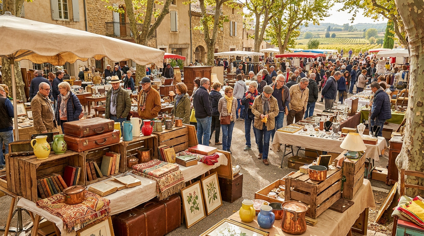 Foule déambulant entre les stands d'une brocante en plein air avec des objets vintage sous des arbres dans le Rhône.