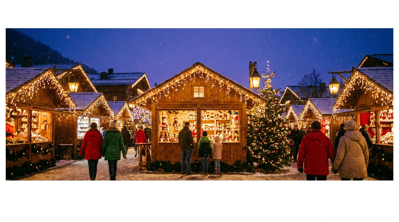 Chalets en bois illuminés dans un marché de Noël enneigé avec des visiteurs se promenant à la tombée de la nuit.