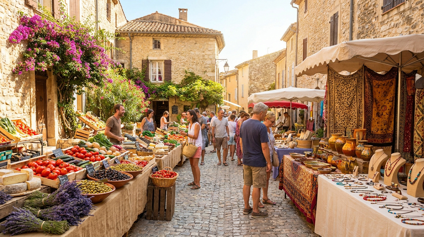 Étalages de produits frais et artisanat sur un marché provençal ensoleillé entouré de vieilles maisons en pierre.
