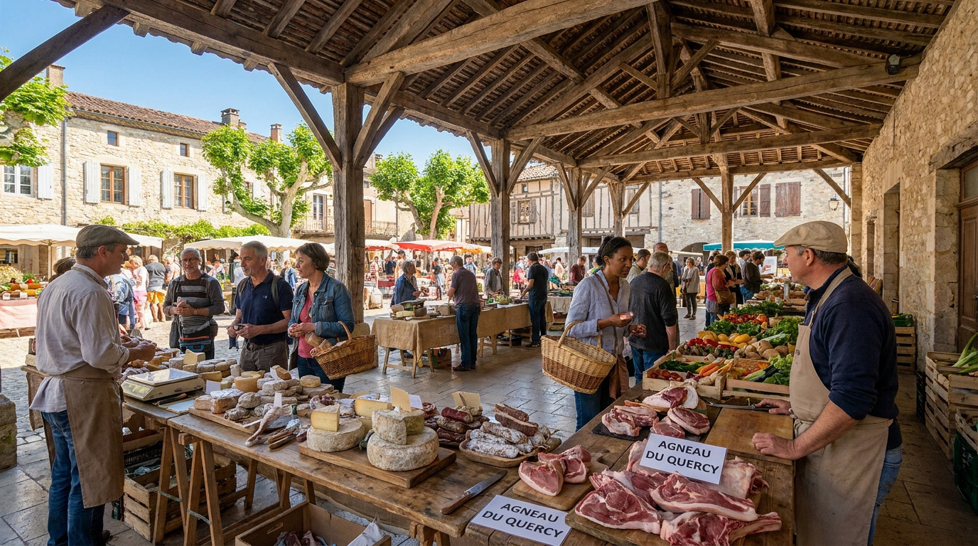 Étals de fromages et de viande sous une halle en bois traditionnelle sur le marché animé du Vignon-en-Quercy.