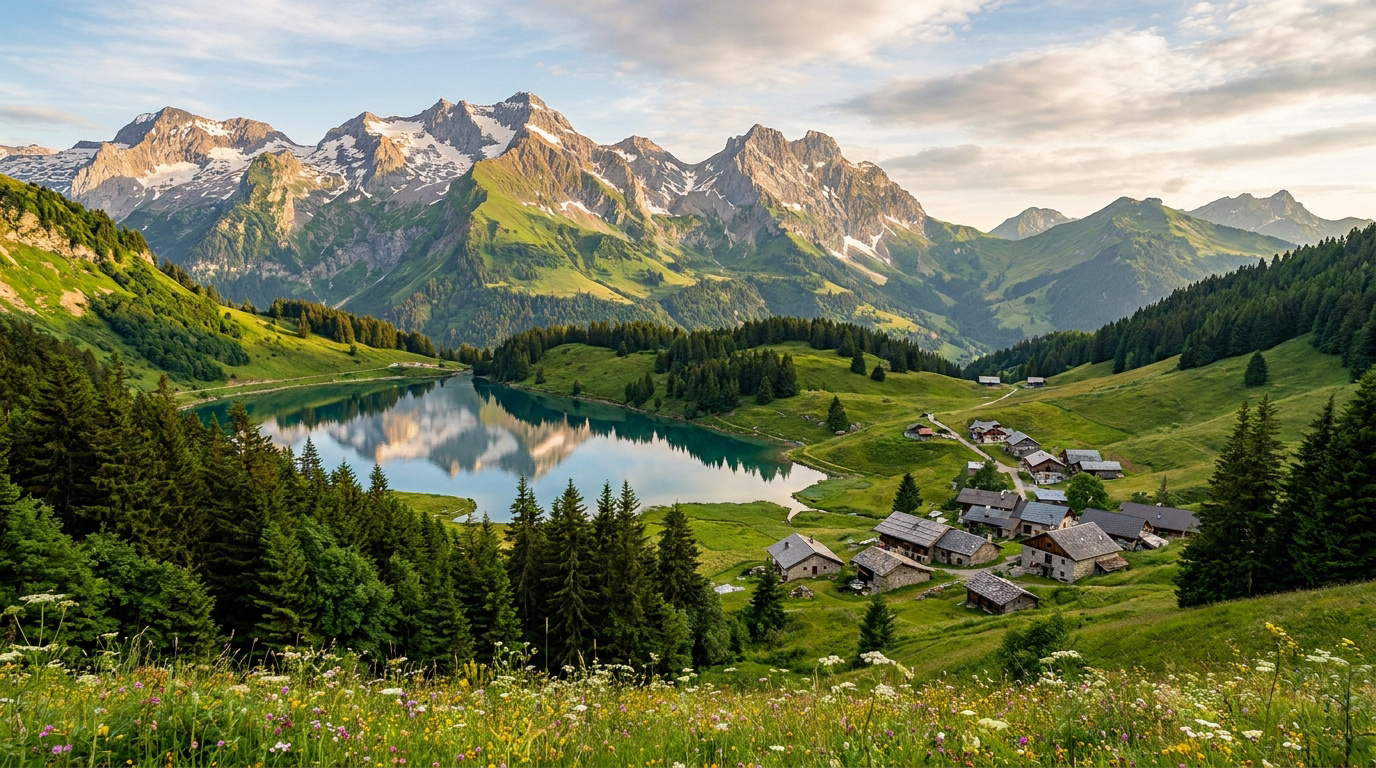 Paysage panoramique des montagnes des Bauges surplombant un lac turquoise avec un petit hameau traditionnel en contrebas.
