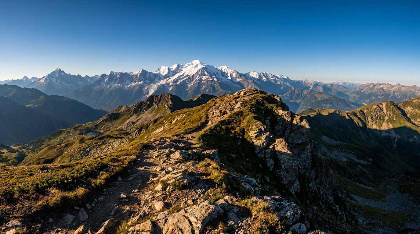 Sentier de randonnée rocailleux menant à une crête avec vue imprenable sur le massif enneigé du Mont-Blanc.