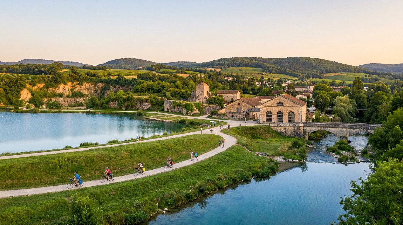 Cyclistes sur un chemin longeant un lac et des bâtiments historiques en pierre près de Montalieu-Vercieu.
