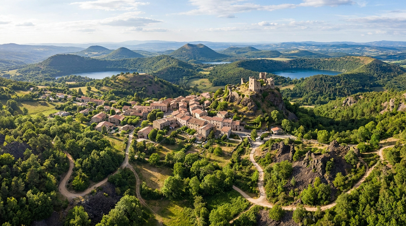 Vue aérienne du village de Montpezat-sous-Bauzon entouré par des collines volcaniques et des lacs dans un paysage verdoyant.