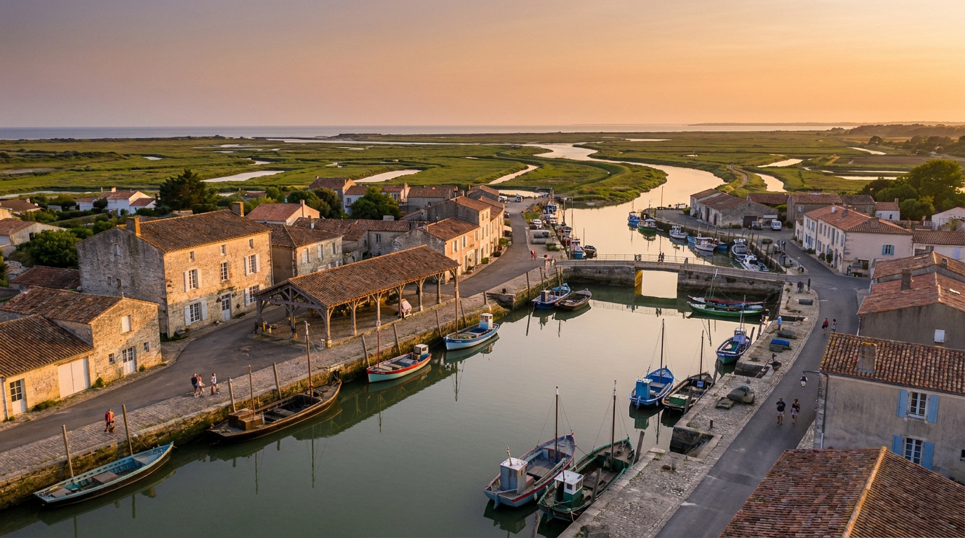 Vue aérienne de Mornac-sur-Seudre au coucher du soleil, montrant le port, le village et les vastes marais vers l'océan.