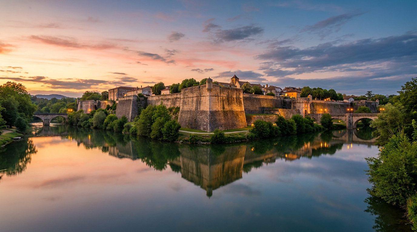 Vue panoramique de Navarrenx au coucher du soleil. La cité fortifiée se reflète dans une rivière calme, avec des ponts anciens et des lumières.