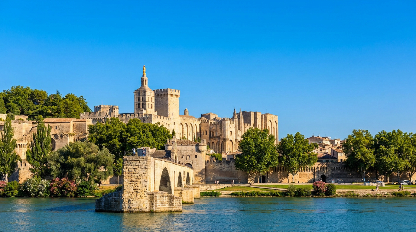 Vue du Palais des Papes, de la Cathédrale Notre-Dame des Doms et du Pont d'Avignon, avec le Rhône au premier plan.
