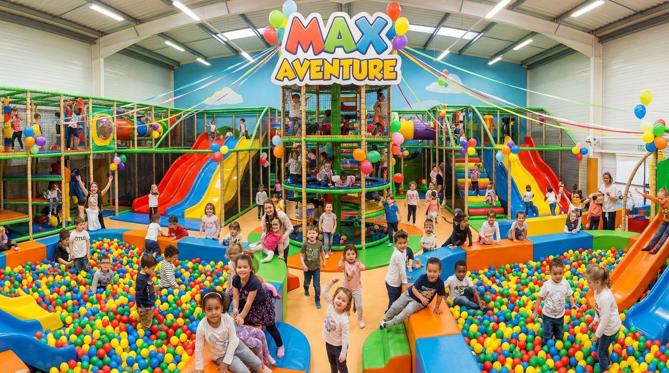 Enfants jouant dans une grande aire de jeux couverte avec des toboggans, des structures d'escalade et des piscines à balles.