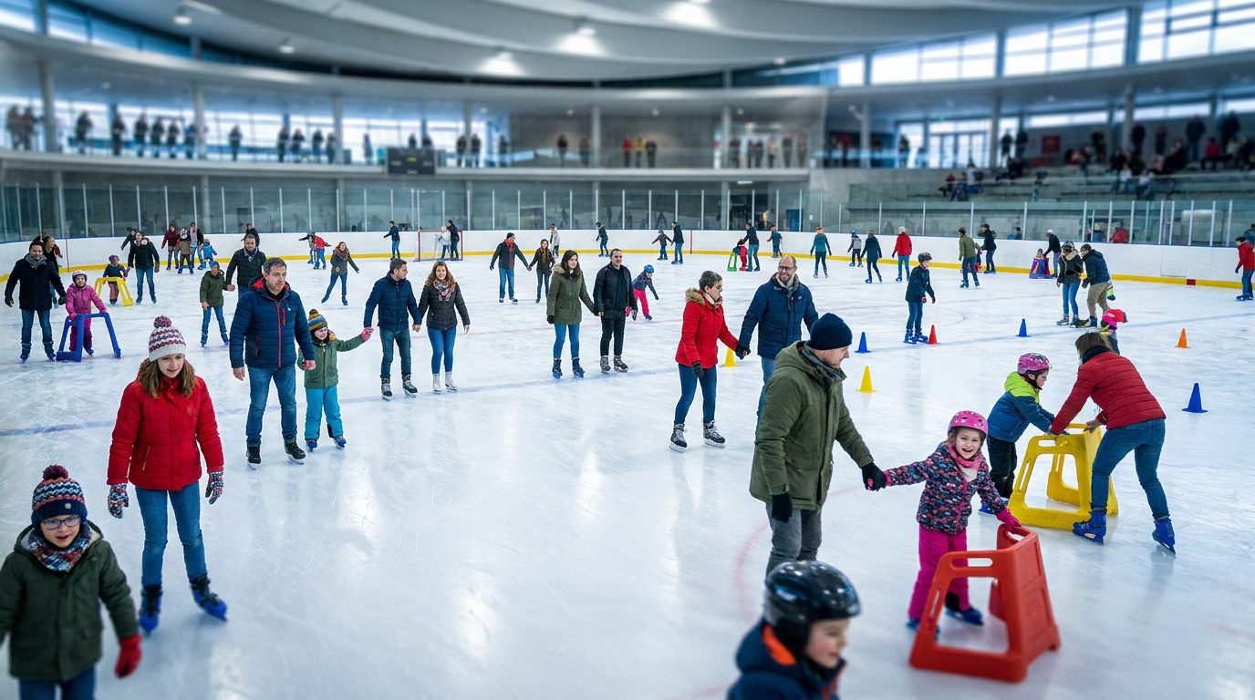 Patineurs de tous âges s'amusent sur la glace de la patinoire de Buisson Rond avec des aides au patinage colorées.
