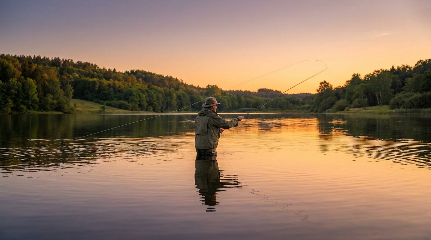Un pêcheur à la mouche dans l'eau d'un lac paisible sous un ciel orangé au crépuscule.