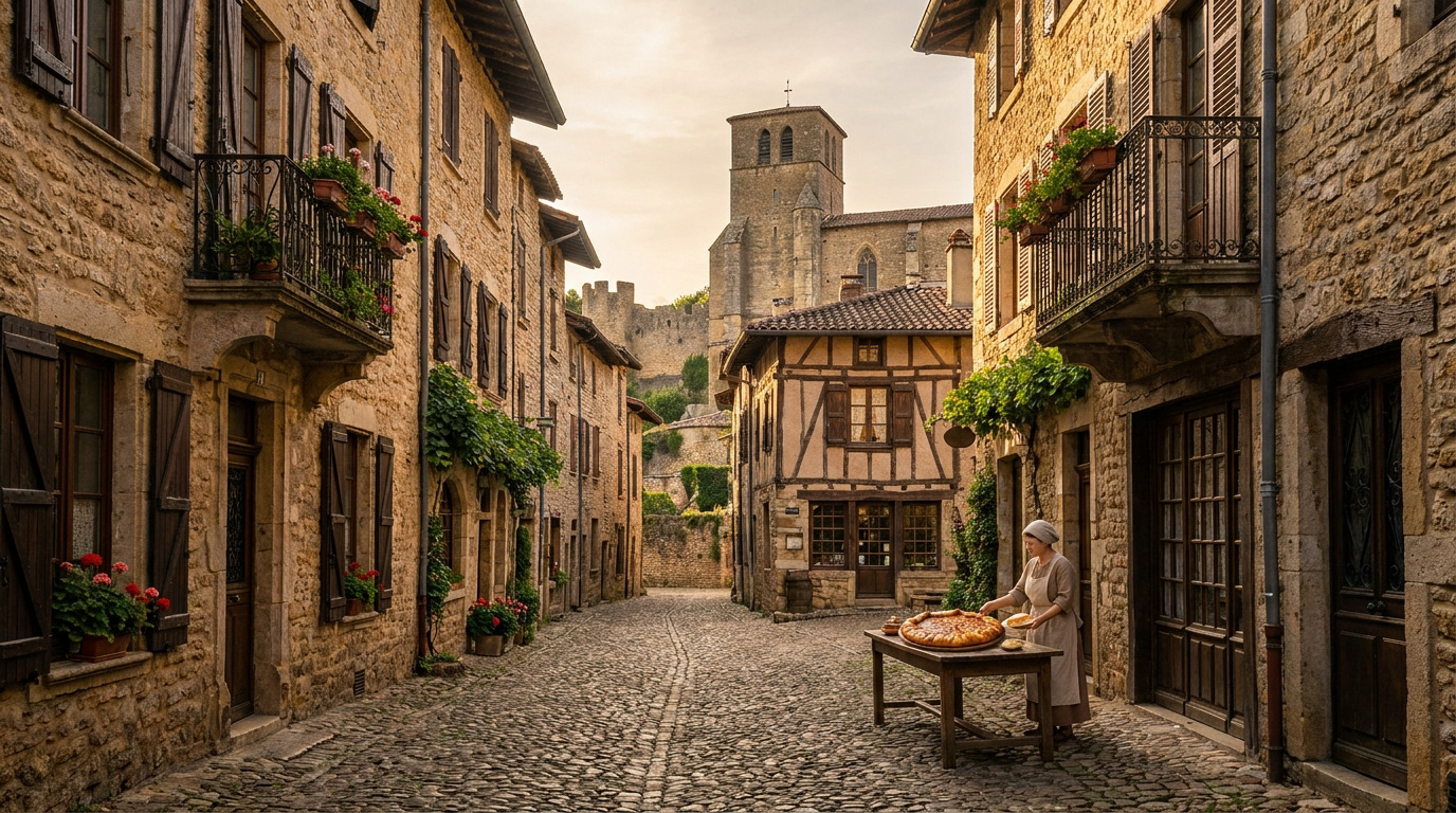 Vue d'une rue pavée médiévale de Pérouges avec une femme en tenue traditionnelle présentant une galette sur une table en bois. Bâtiments en pierre, fleurs et une église au fond.
