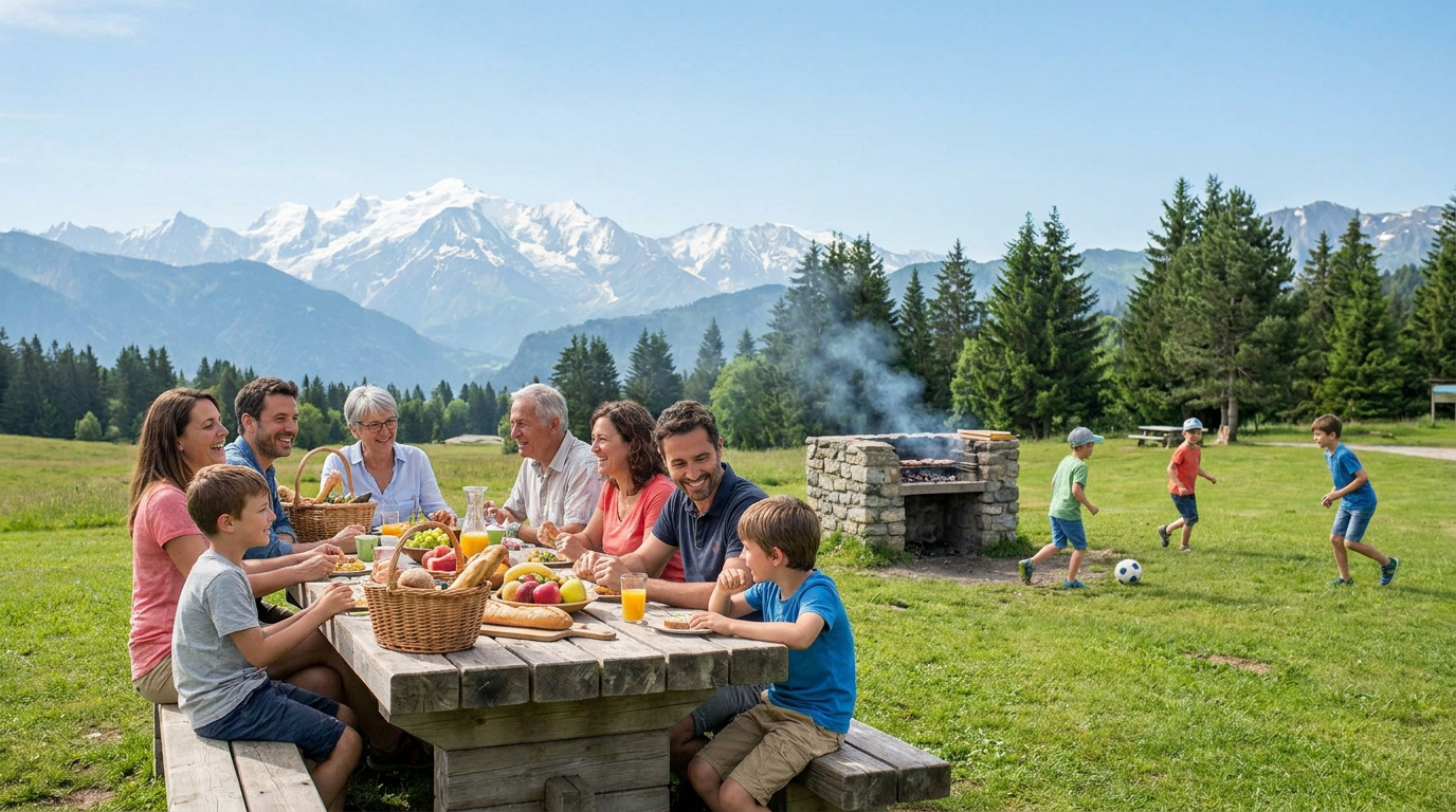 Une famille partage un repas en plein air avec vue sur les montagnes enneigées pendant que les enfants jouent au ballon.