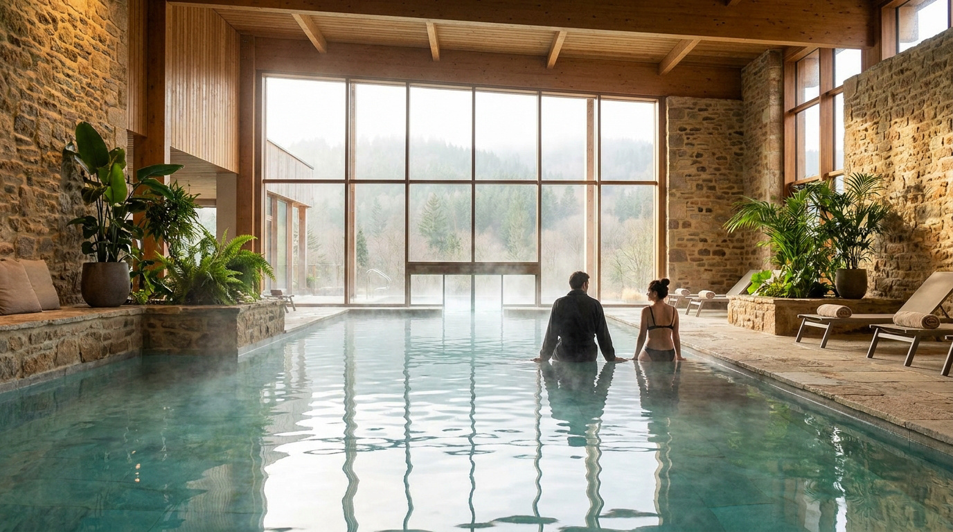 Couple relaxant dans une piscine intérieure chauffée du centre thermal Caleden avec vue sur une forêt brumeuse.