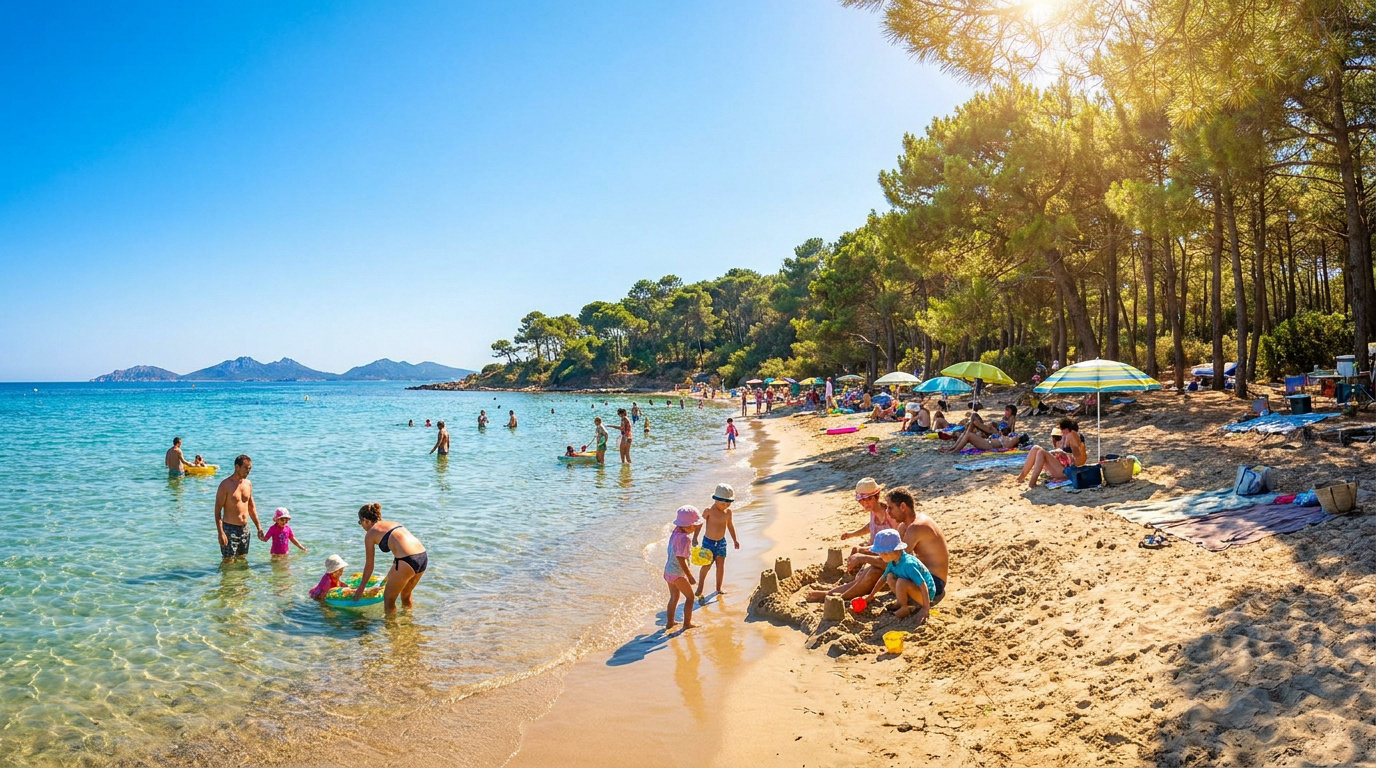 Plage de la Badine animée avec familles, enfants jouant dans l'eau claire et au sable, sous le soleil et l'ombre des pins.