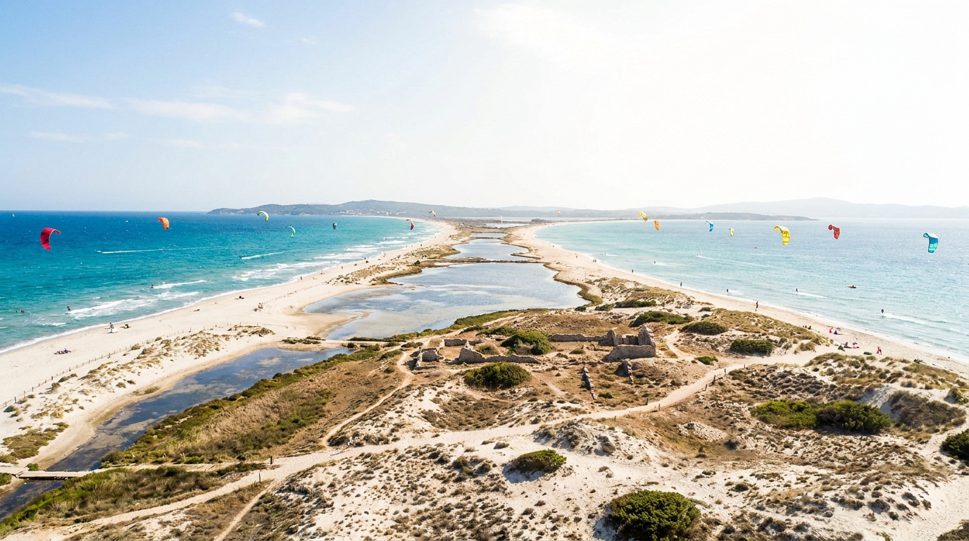 Vue aérienne de la plage de l'Almanarre, tombolo avec mer turquoise, sable fin, marais salants et nombreux kitesurfeurs colorés.