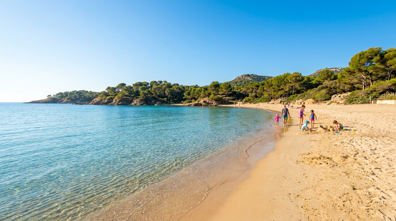 Plage de Portissol à Sanary-sur-Mer avec mer turquoise, sable fin et une famille profitant du soleil et des jeux.