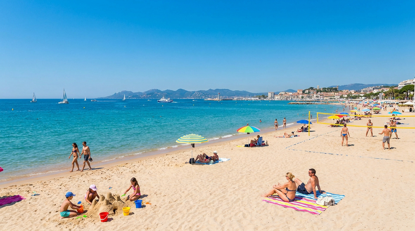 Vue large de la Plage du Midi à Cannes avec sable fin, mer turquoise, gens marchant, jouant au volleyball et construisant des châteaux de sable.