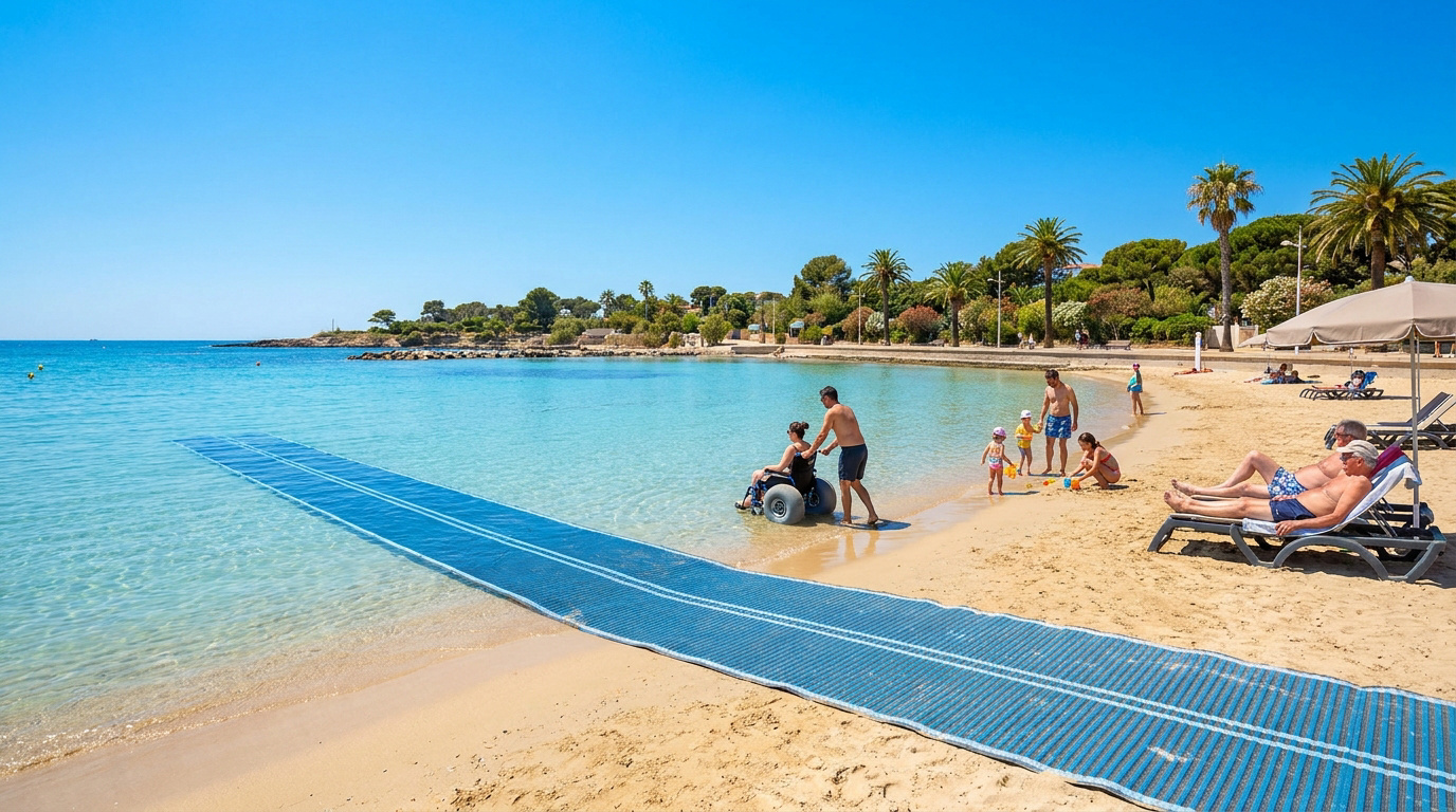 Plage ensoleillée de La Ciotat. Un tapis bleu permet l'accès à la mer. Une femme en fauteuil de plage est aidée dans l'eau claire.