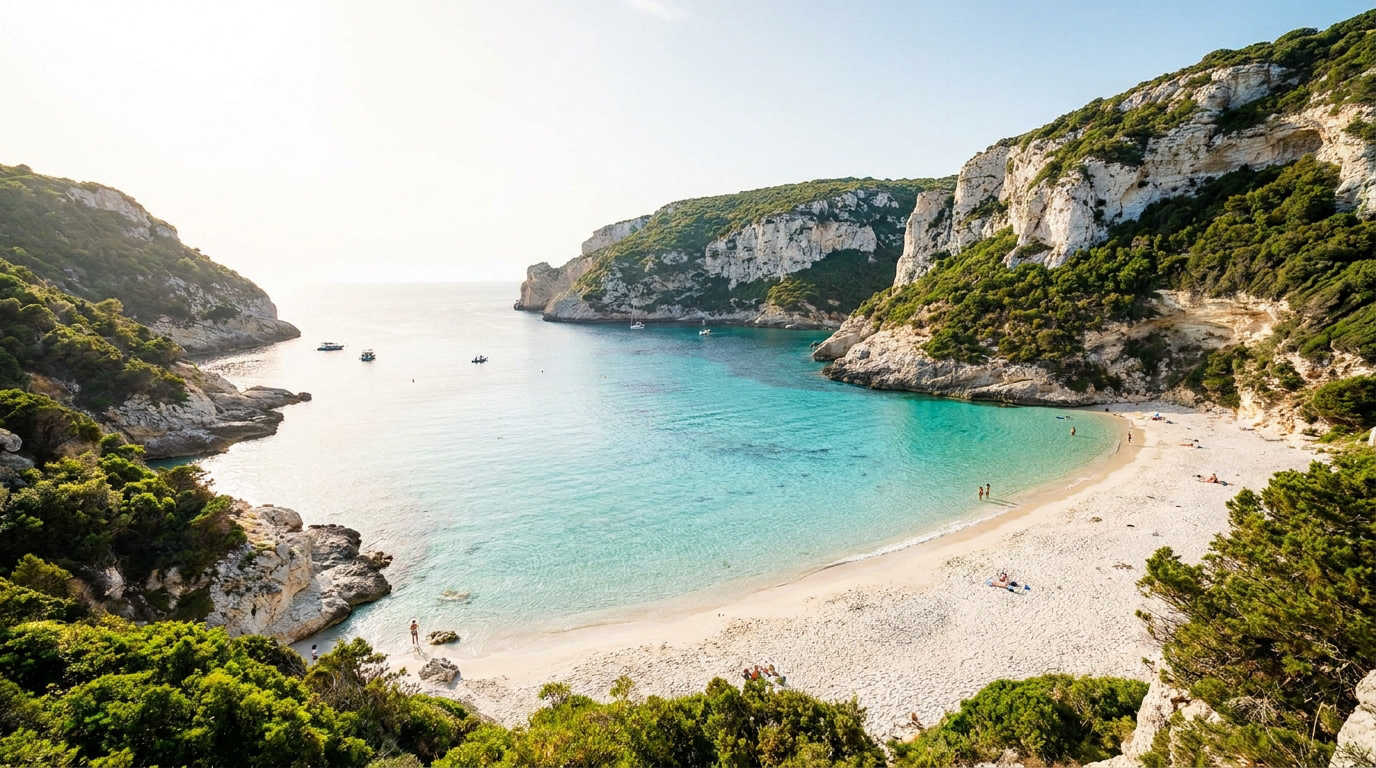 Magnifique crique de Bonifacio avec eau turquoise, plage de sable fin, falaises luxuriantes. Bateaux et baigneurs visibles.