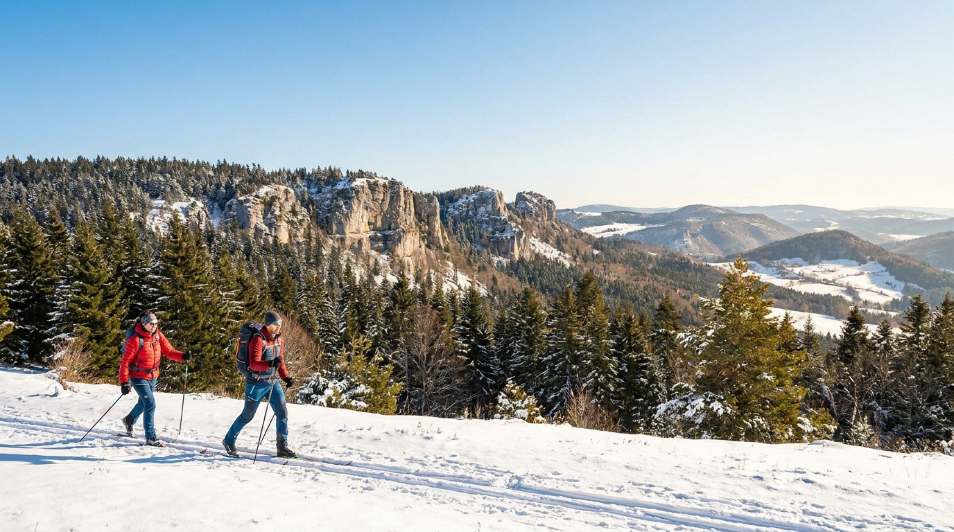 Deux skieurs de fond progressant dans un paysage enneigé et montagneux sous un ciel bleu dégagé.