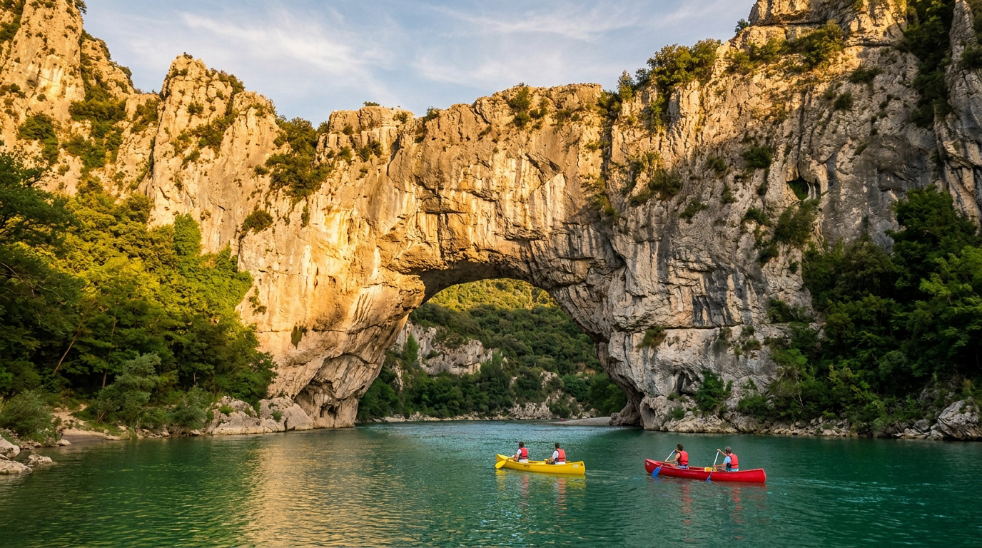 Pont d'Arc en Ardèche, majestueuse arche rocheuse naturelle. Deux canoës avec des personnes sur la rivière verte.