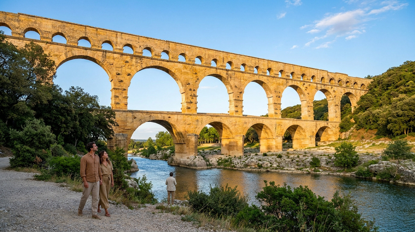 Un couple marche près de la rivière Gardon face à l'imposant aqueduc antique du Pont du Gard sous un ciel bleu.