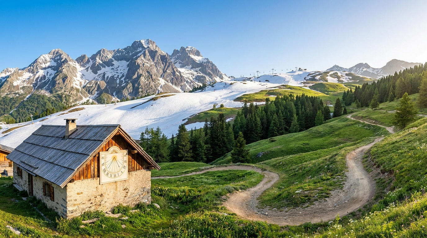 Un chalet traditionnel avec cadran solaire au premier plan devant un paysage de montagnes enneigées et une piste de VTT.