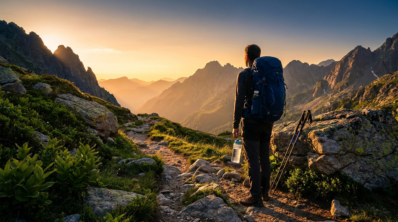 Un randonneur équipé d'un sac à dos regarde un coucher de soleil époustouflant sur une chaîne de montagnes rocheuses.