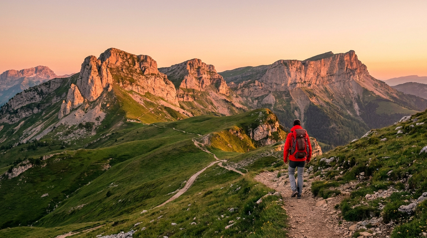 Un randonneur en veste rouge marchant sur un sentier montagneux du Vercors au lever du soleil.