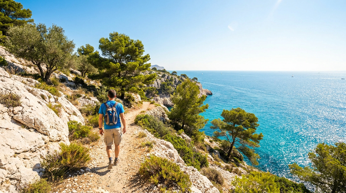 Vue arrière d'un randonneur avec sac à dos sur un sentier littoral ensoleillé, bordé de pins et de rochers, surplombant la mer turquoise.