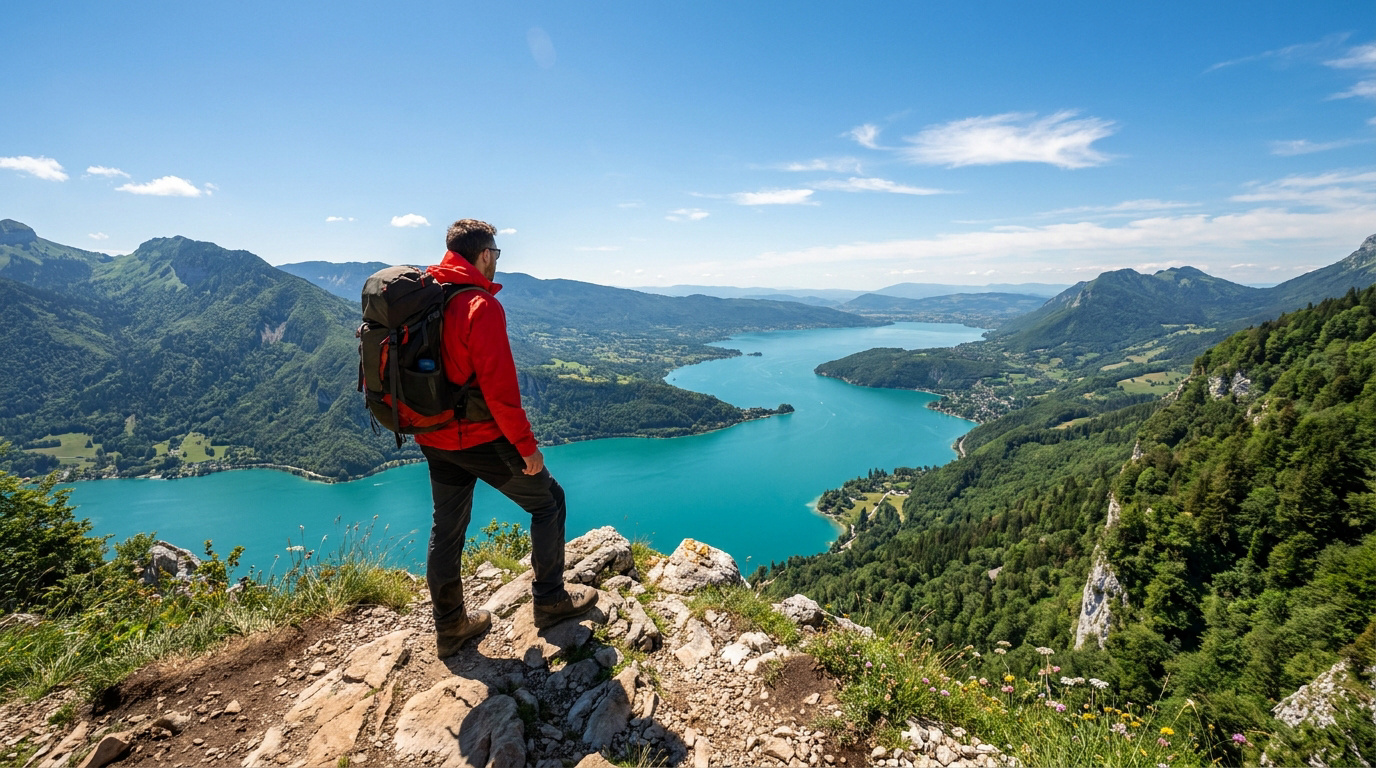 Un randonneur en veste rouge contemple le lac d'Annecy depuis le sommet rocheux de la pointe de Talamarche.