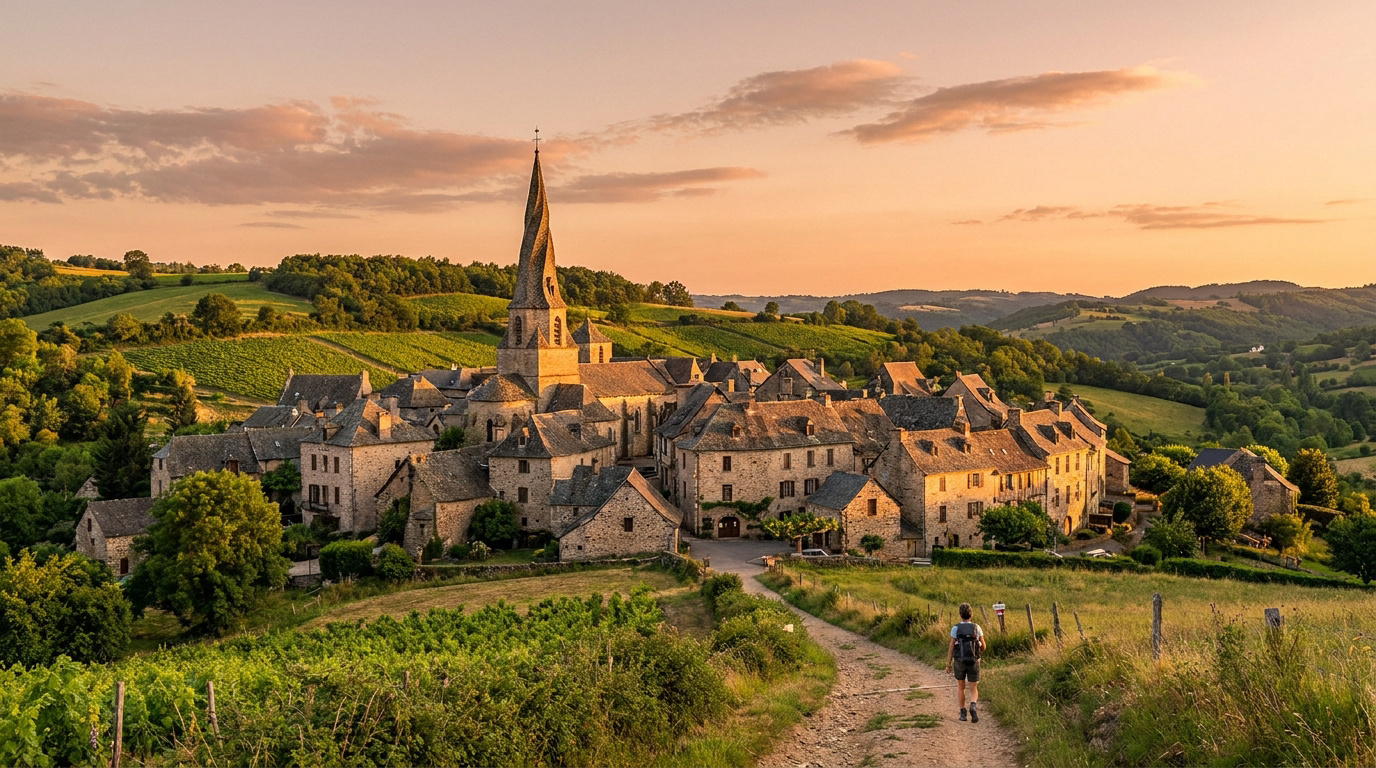 Village médiéval de Saint-Côme-d'Olt en Aveyron au coucher du soleil. Clocher tors, maisons en pierre, vignobles et randonneur sur un chemin de terre.