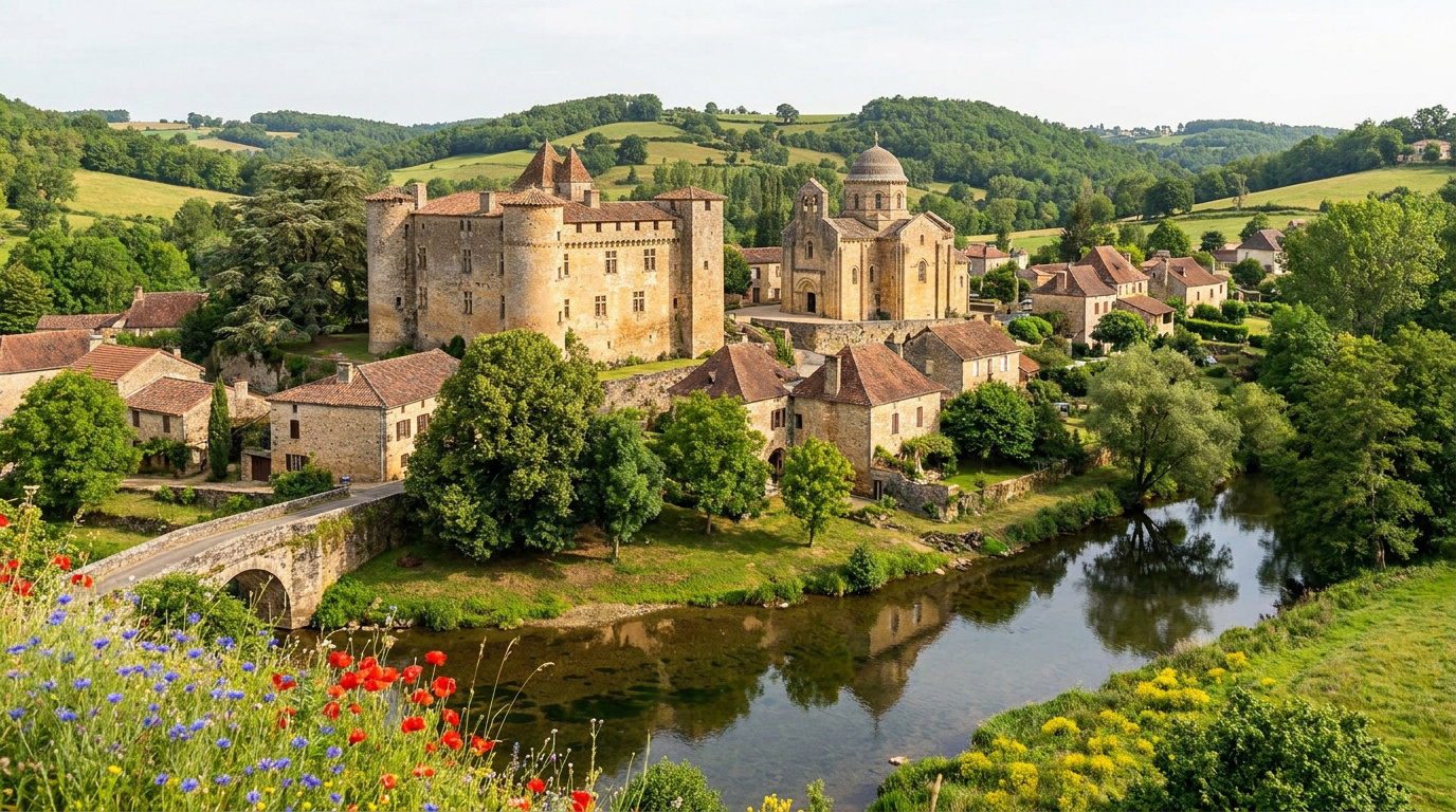 Vue aérienne de Saint Jean de Côle avec château, église romane, rivière Côle, pont en pierre et champs fleuris sous ciel clair.