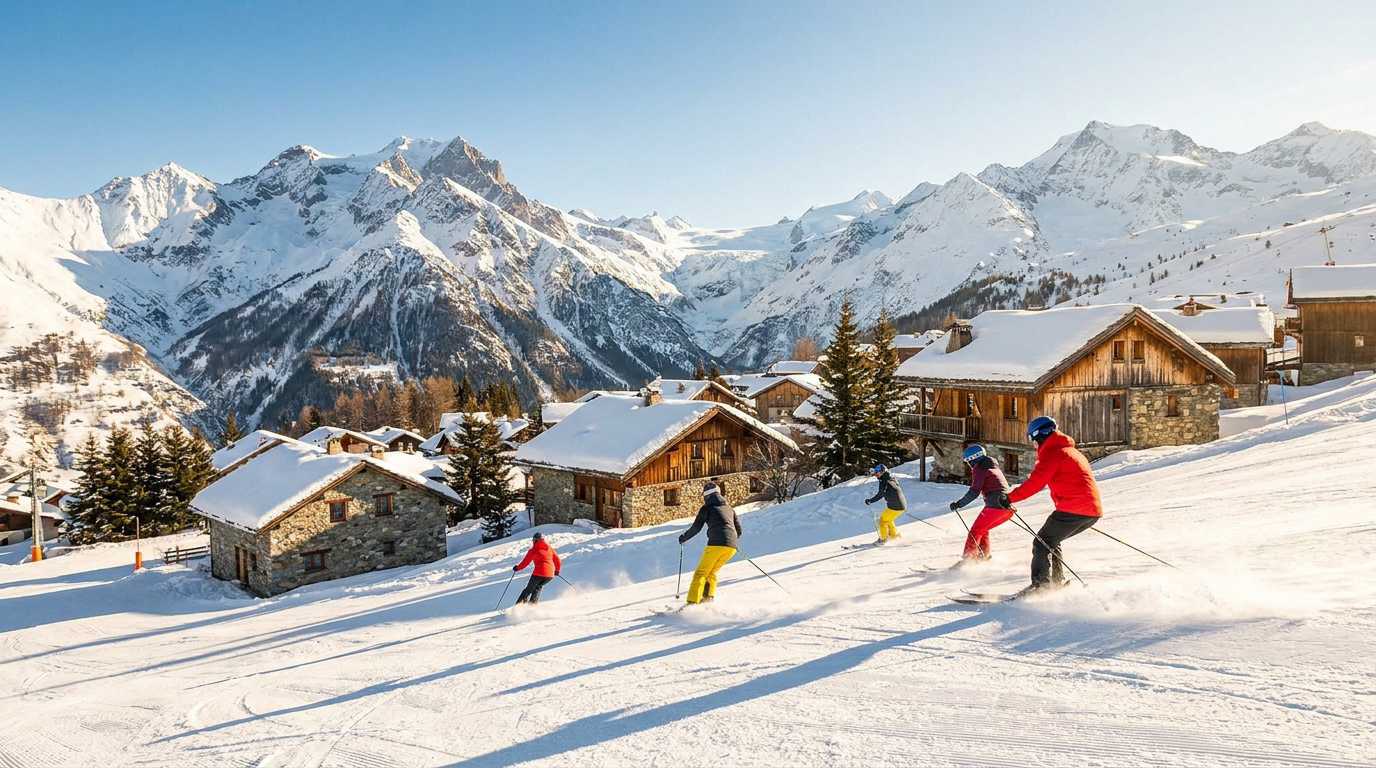 Groupe de skieurs descendant une piste enneigée avec des chalets traditionnels et les Alpes en arrière-plan.