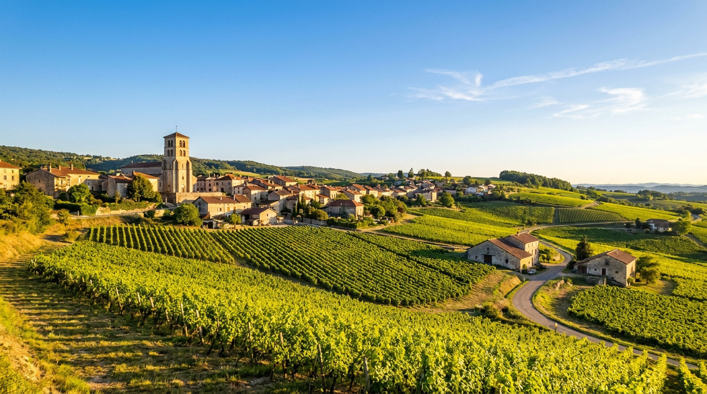 Vue panoramique du village médiéval de Saint-Sorlin-en-Bugey niché au milieu de vastes vignobles sous un ciel ensoleillé.