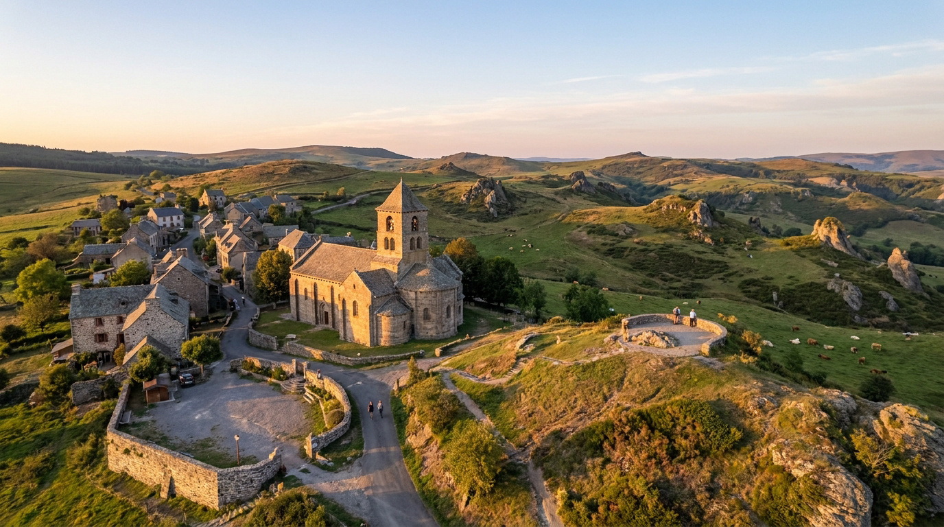 Vue aérienne panoramique du village de Saint-Urcize et de son église romane dans le paysage vallonné de l'Aubrac.