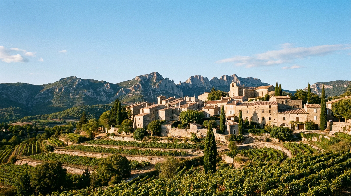 Vue panoramique du village médiéval de Séguret avec ses maisons en pierre, entouré de vignobles en terrasses et de montagnes en arrière-plan sous un ciel bleu.