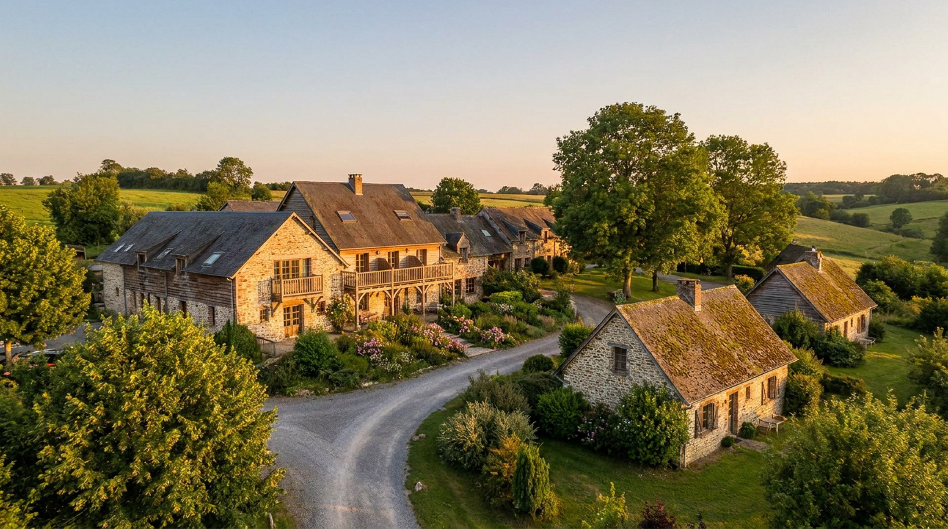 Vue aérienne de l'Hôtel La Sapinière, bâtiments en pierre entourés de verdure sous une lumière de fin de journée.