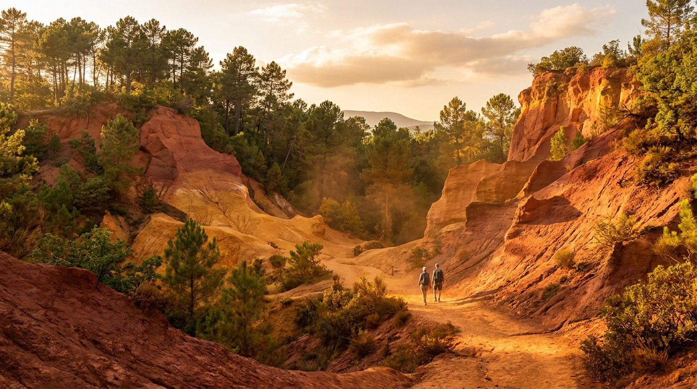 Deux randonneurs sur le Sentier des Ocres de Roussillon. Falaises rouges et jaunes, pins sous un ciel lumineux et poussiéreux.