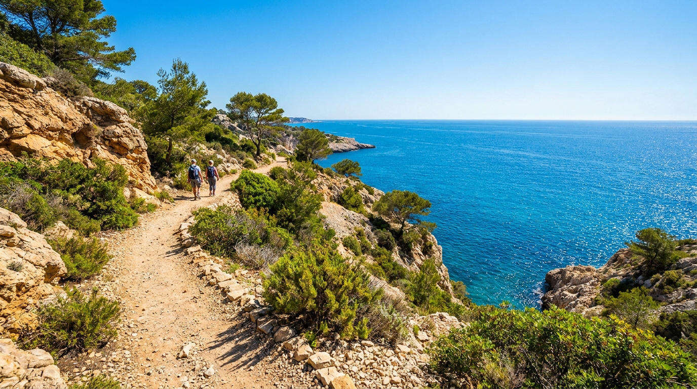 Deux randonneurs sur le Sentier du Lézard, chemin côtier rocailleux surplombant la Méditerranée bleu turquoise sous soleil.