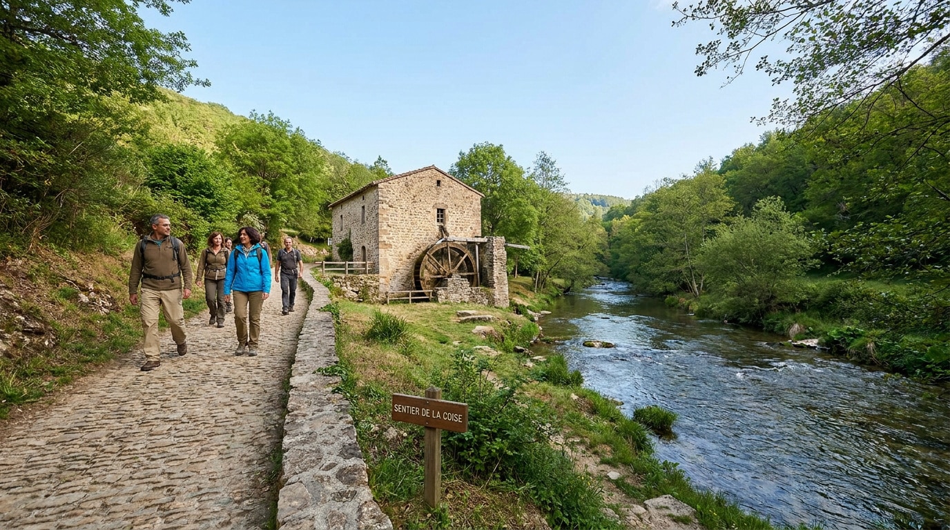 Groupe de randonneurs marchant sur un chemin pavé le long d'une rivière avec un ancien moulin à eau en arrière-plan.