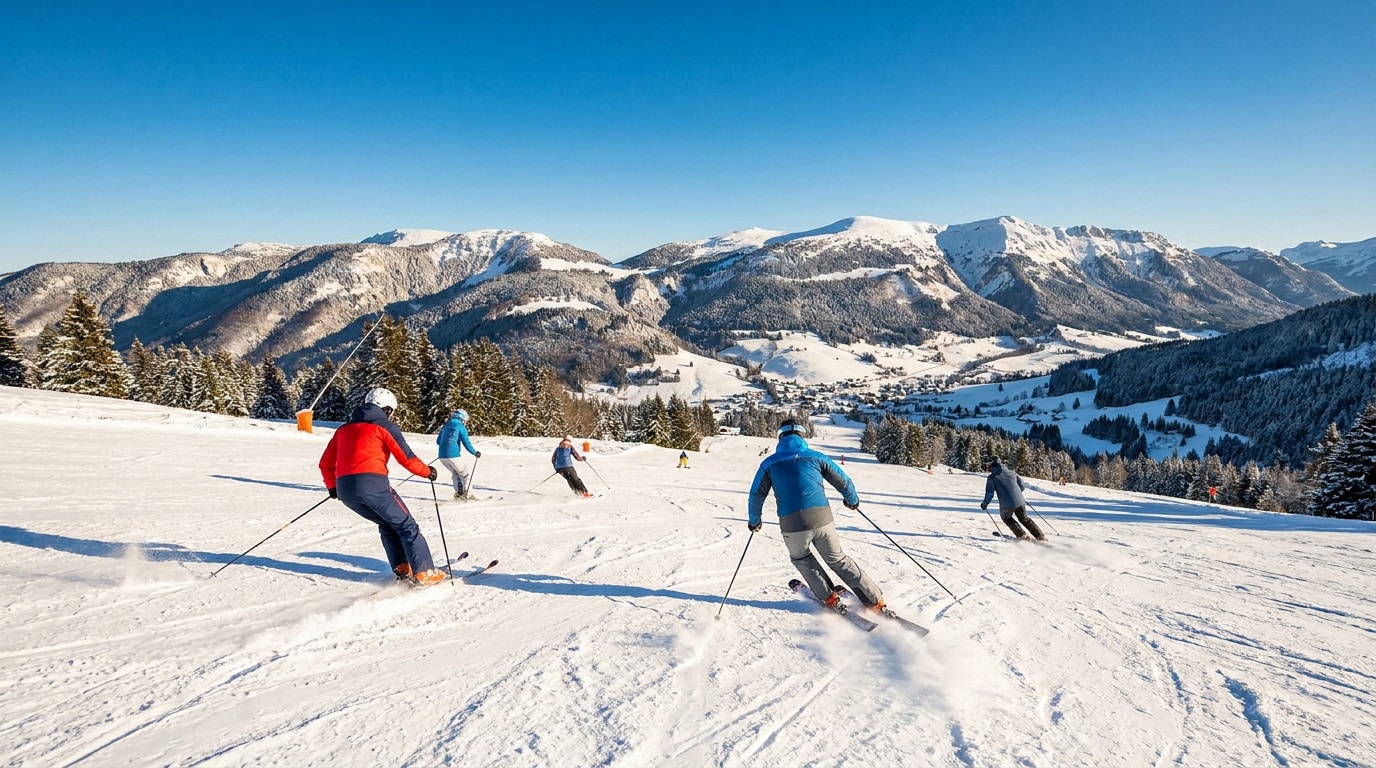 Groupe de skieurs descendant une piste enneigée avec en arrière-plan les sommets ensoleillés des Monts Jura.