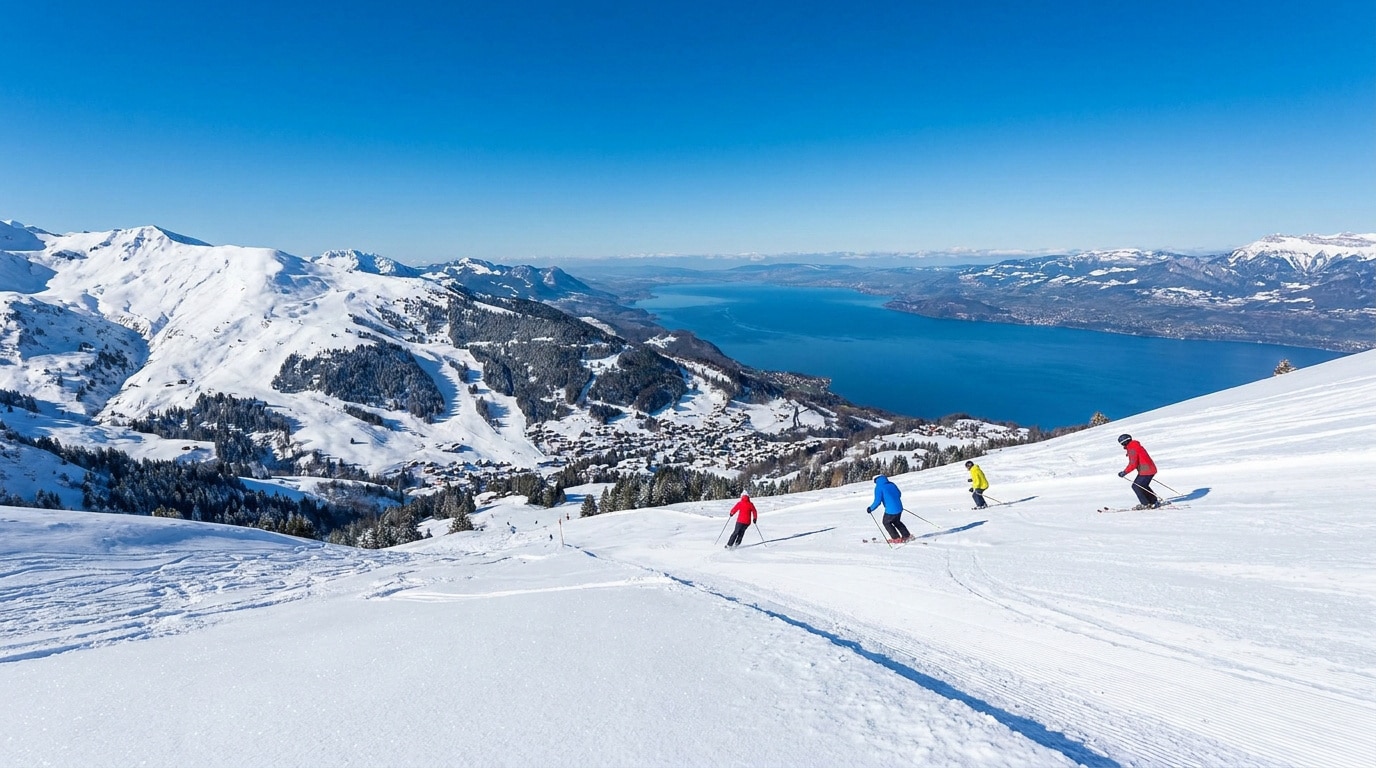 Skieurs descendant une piste enneigée avec vue panoramique sur le Lac Léman et les montagnes sous un ciel bleu.