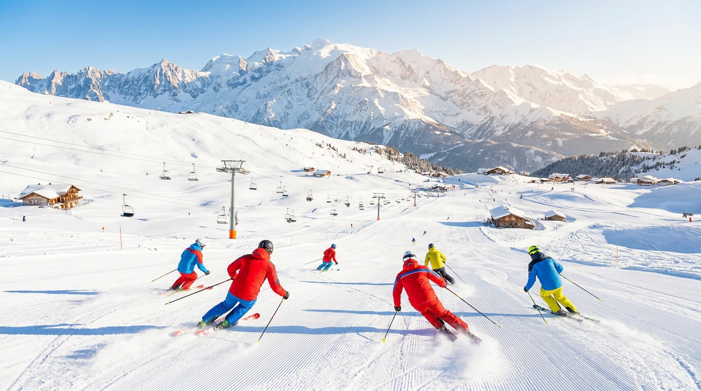 Skieurs dévalant une piste enneigée aux Saisies avec le Mont-Blanc en arrière-plan sous un ciel bleu.