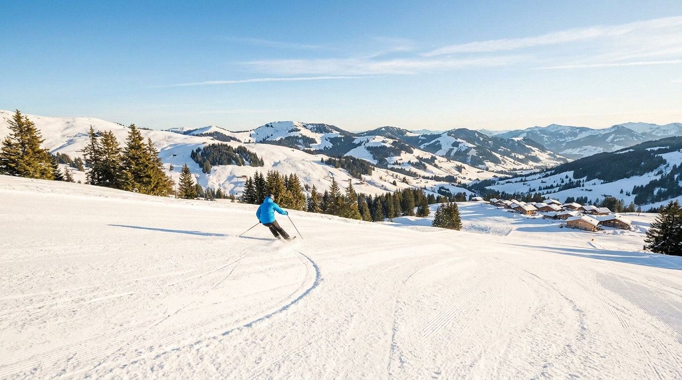 Un skieur en veste bleue descend une piste enneigée sous un ciel bleu, avec un village de chalets et des montagnes en arrière-plan.