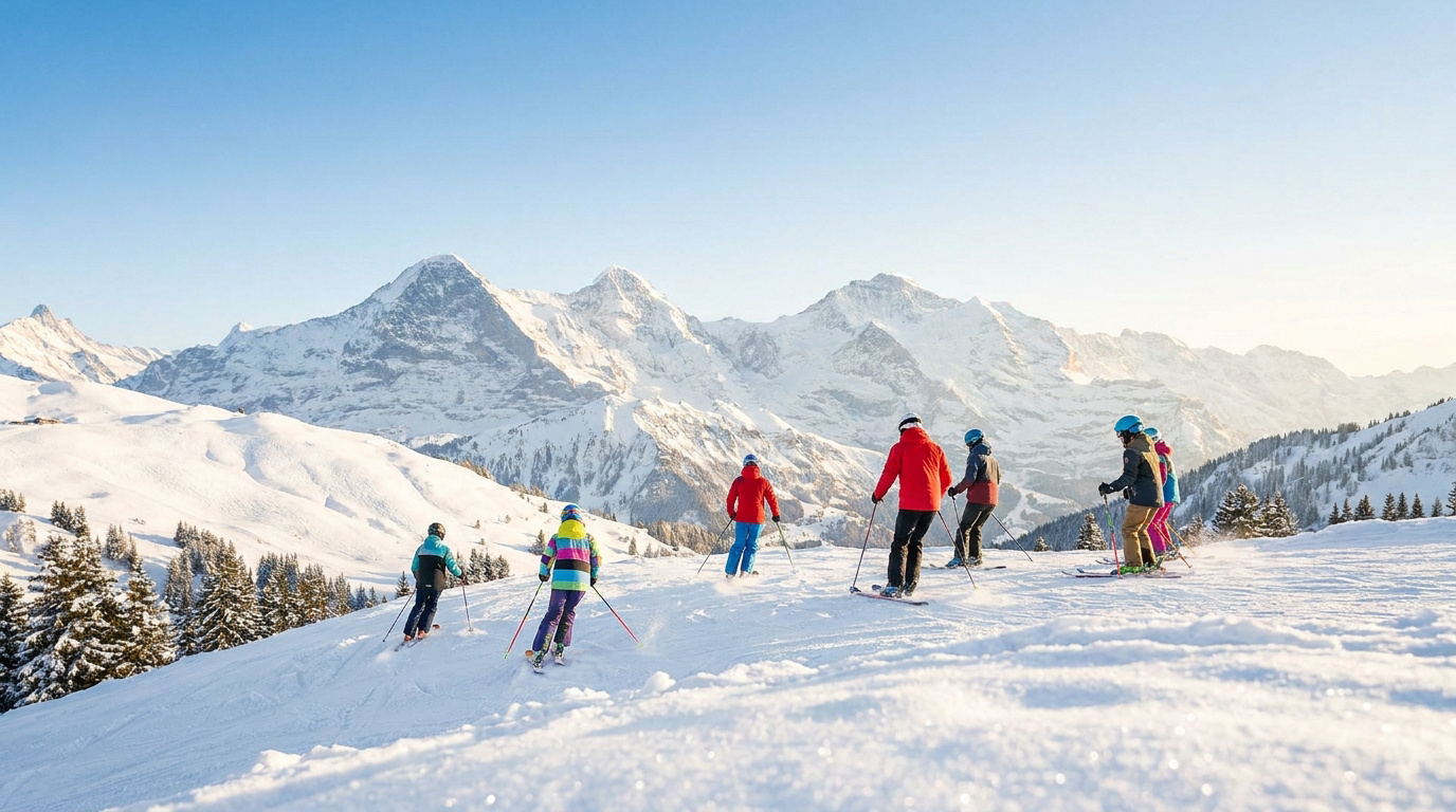 Un groupe de skieurs, adultes et enfants, descendent une piste enneigée avec des montagnes majestueuses en arrière-plan sous un ciel bleu.